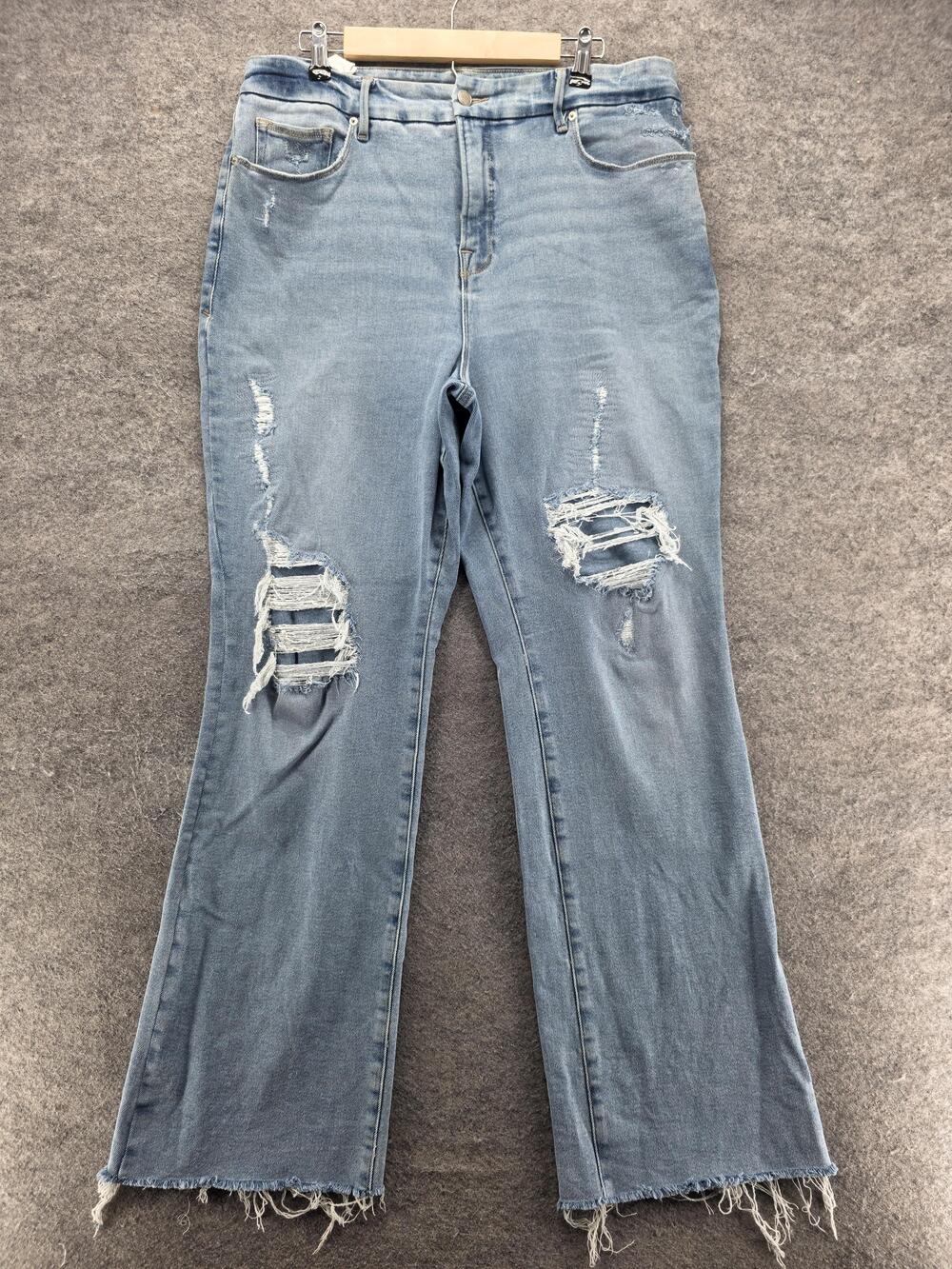 Good American Jeans Womens 18 Blue Flared Relaxed Stretch Distressed 31.5 Inseam